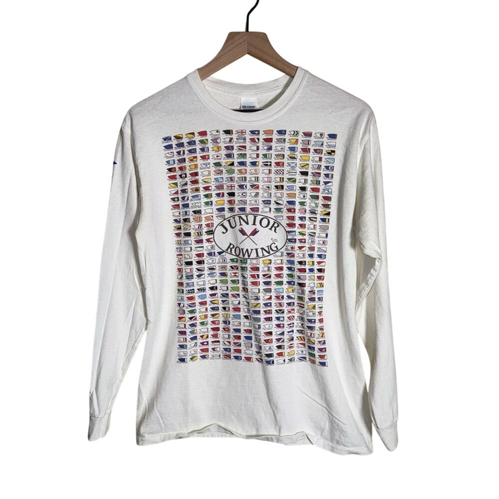 VINTAGE JUNIOR ROWING Gildan Ultra Cotton White T-Shirt with Colorful Flags M